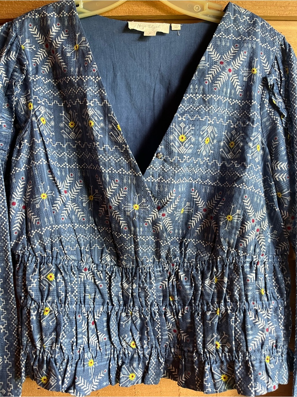 ANTHROPOLOGIE -  Bohemian Printed Blue Long Sleeve Crop Top with Smocked Waist
